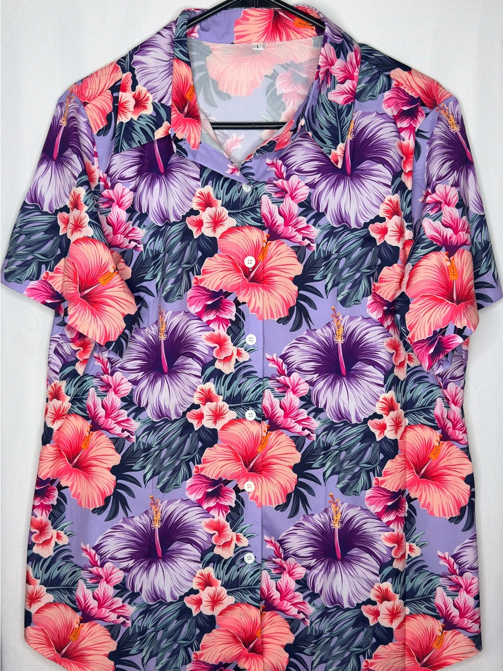 Floral Hibiscus Button-Up Women's Top in Lavender and Pink - Large